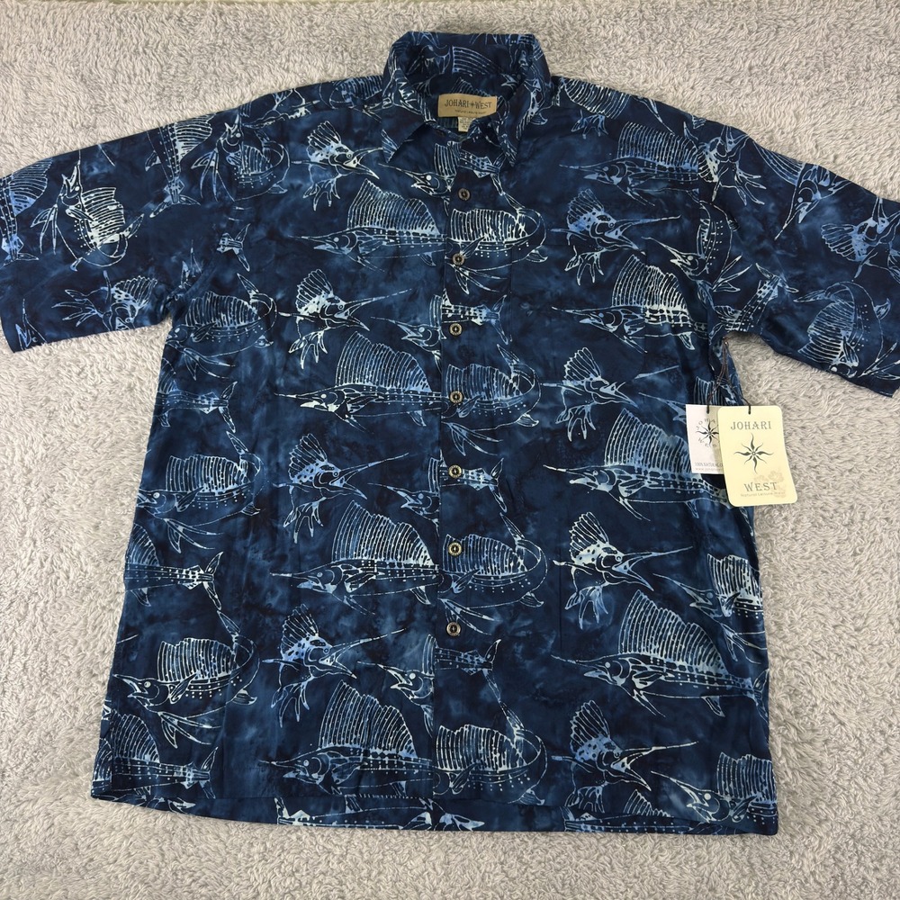 Johari‎ West Mens Batik Sailfish Blue Cotton Hawaiian Button Down Shirt XLT NWT